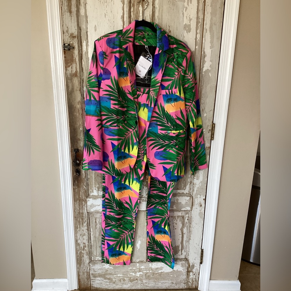 Tropical Leaf Print Blazer & Pants - Bright Pink Multicolor - size M - Temu? NWT